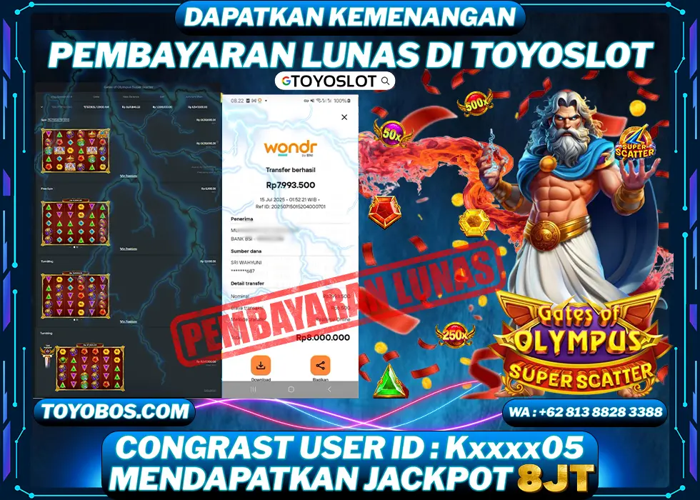 TOYOSLOT - BUKTI KEMENANGAN GATES OF OLYMPUS SUPER SCATTER Rp8,000,000,- LUNAS